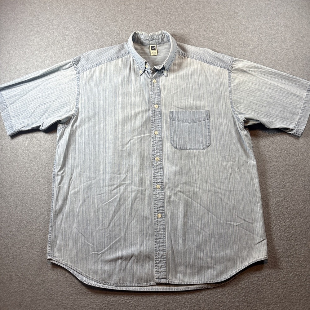 VTG GAP Factory Men's Short Sleeve Blue Denim Style Button Down Sz L Pocket Y2K